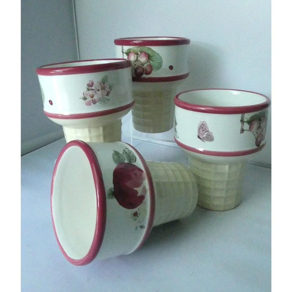 Pfaltzgraff Ceramic Ice Cream Cone Dessert Bowls Set of 4 Fruit Floral Butterfly